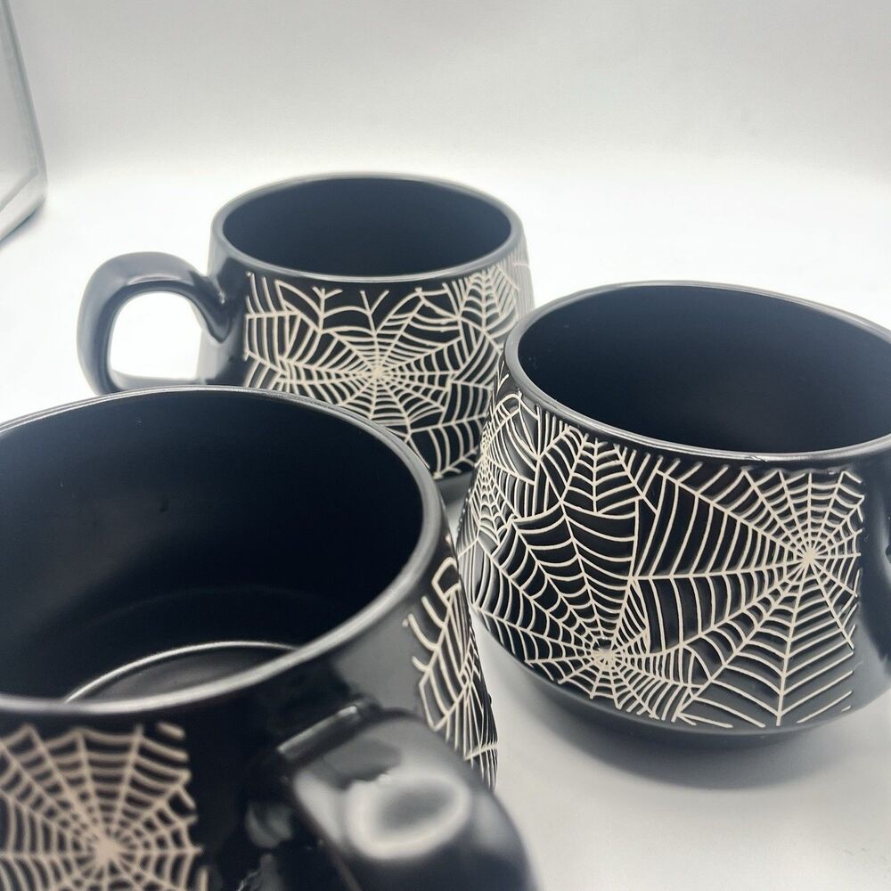COCO + LOLA Halloween Spiderweb Set of 3 Coffee Mugs Black Cups Mug - Picture 13 of 13